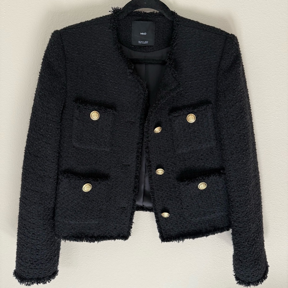 Mango Pocket Tweed Jacket Black and Gold - Medium